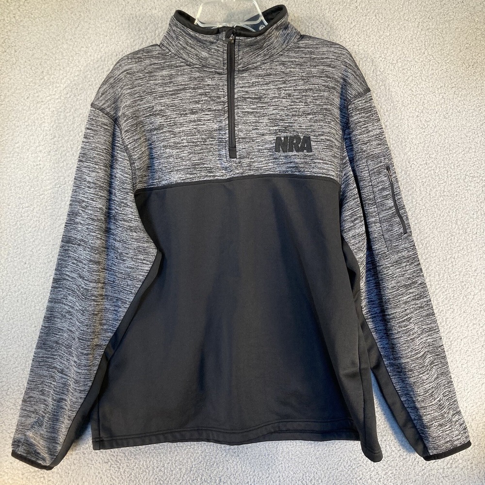 NRA Quarter Zip Pullover Mens‎ XL Black Grey Space Dye Sleeve Pocket Logo
